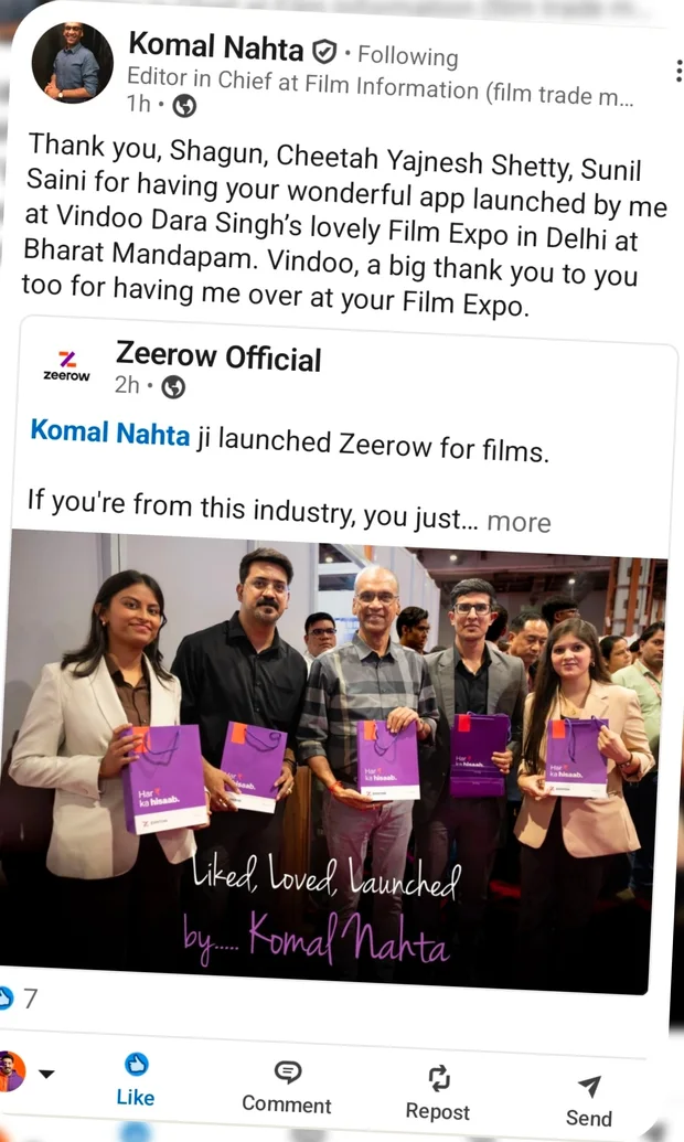 Komal Nahta's LinkedIn post about launching zeerow at Film Expo, Bharat Mandapam